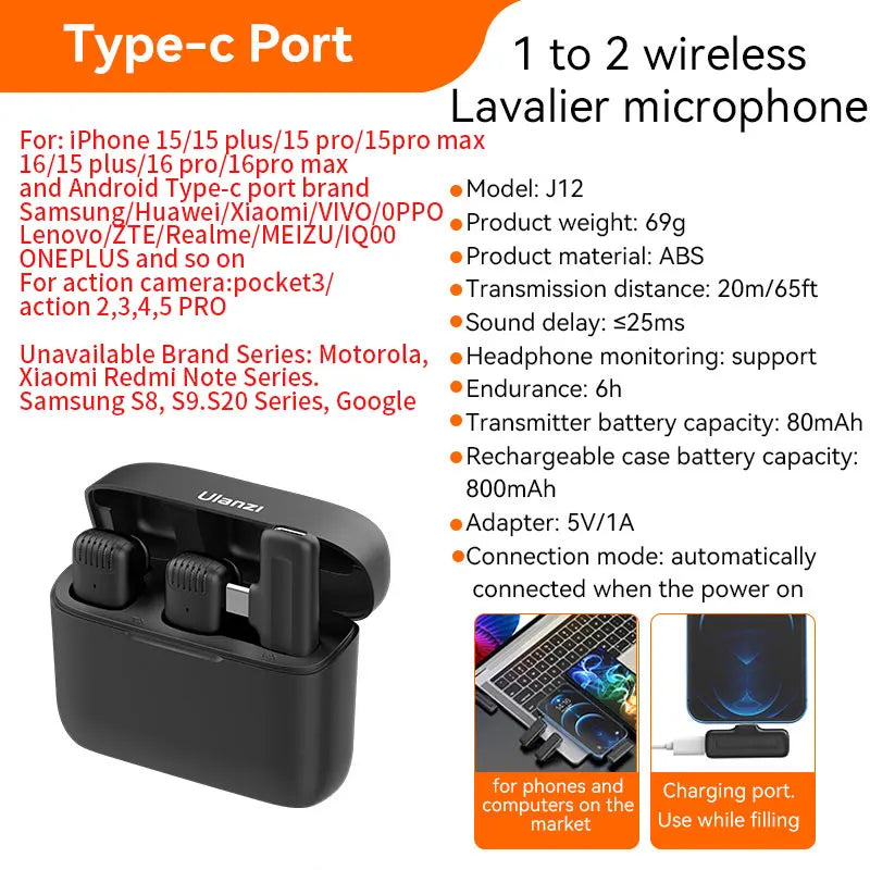 Ulanzi J12 Pro™ – Microfone de Lapela Sem Fio